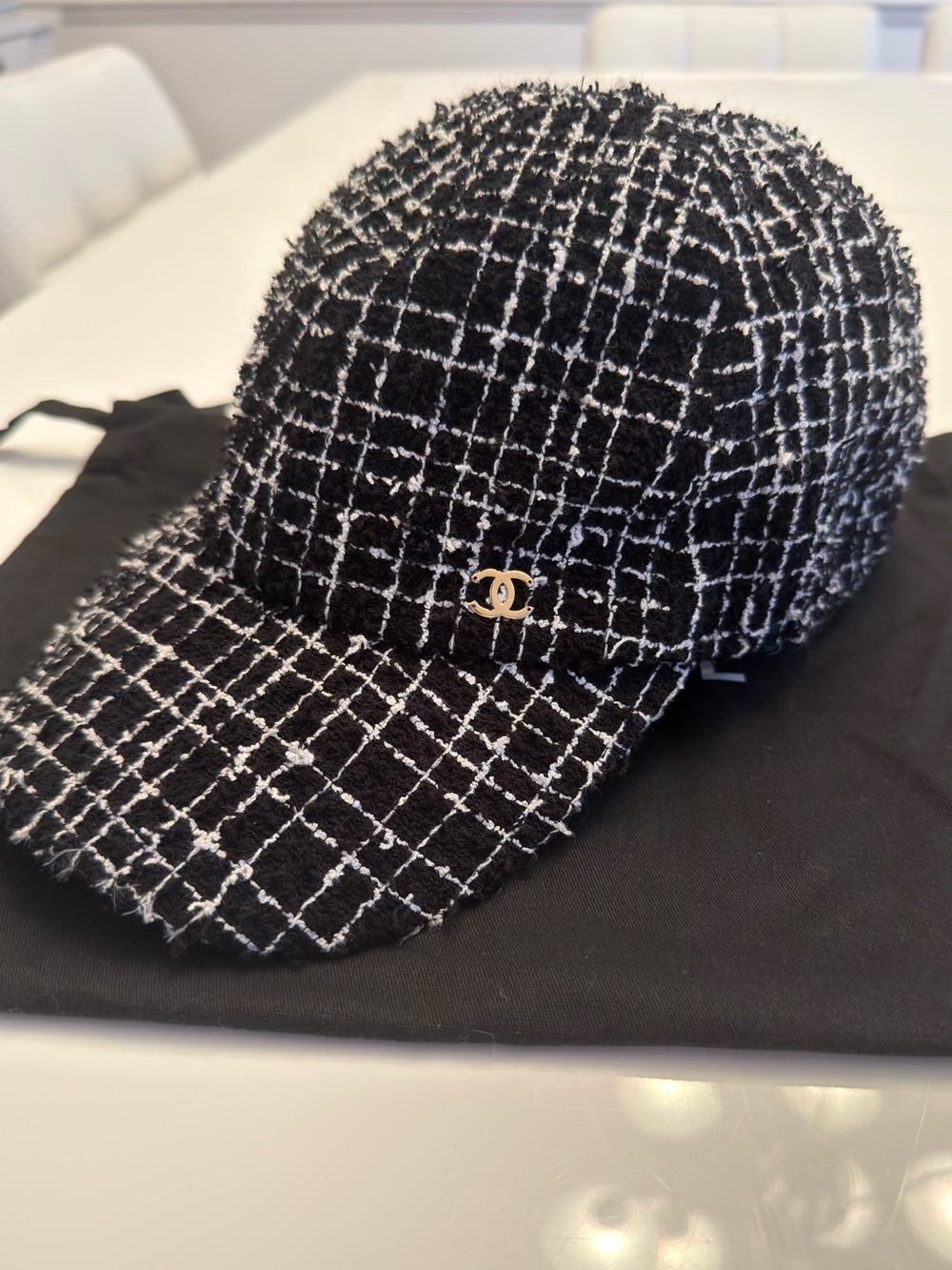 CHANEL Black & White Tweed Baseball Cap with Gold CC Accent